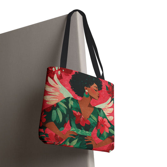 Poinsettia Angel Tote Bag | Christmas Holiday Canvas Bag | Festive Angel & Flower Print Tote | Seasonal Gift Bag | Cozy Winter Accessory